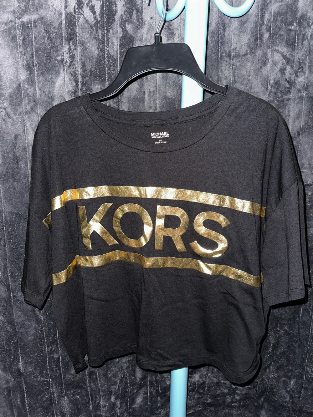 MICHAEL Michael Kors Black Crop Tee with Metallic Gold KORS Logo